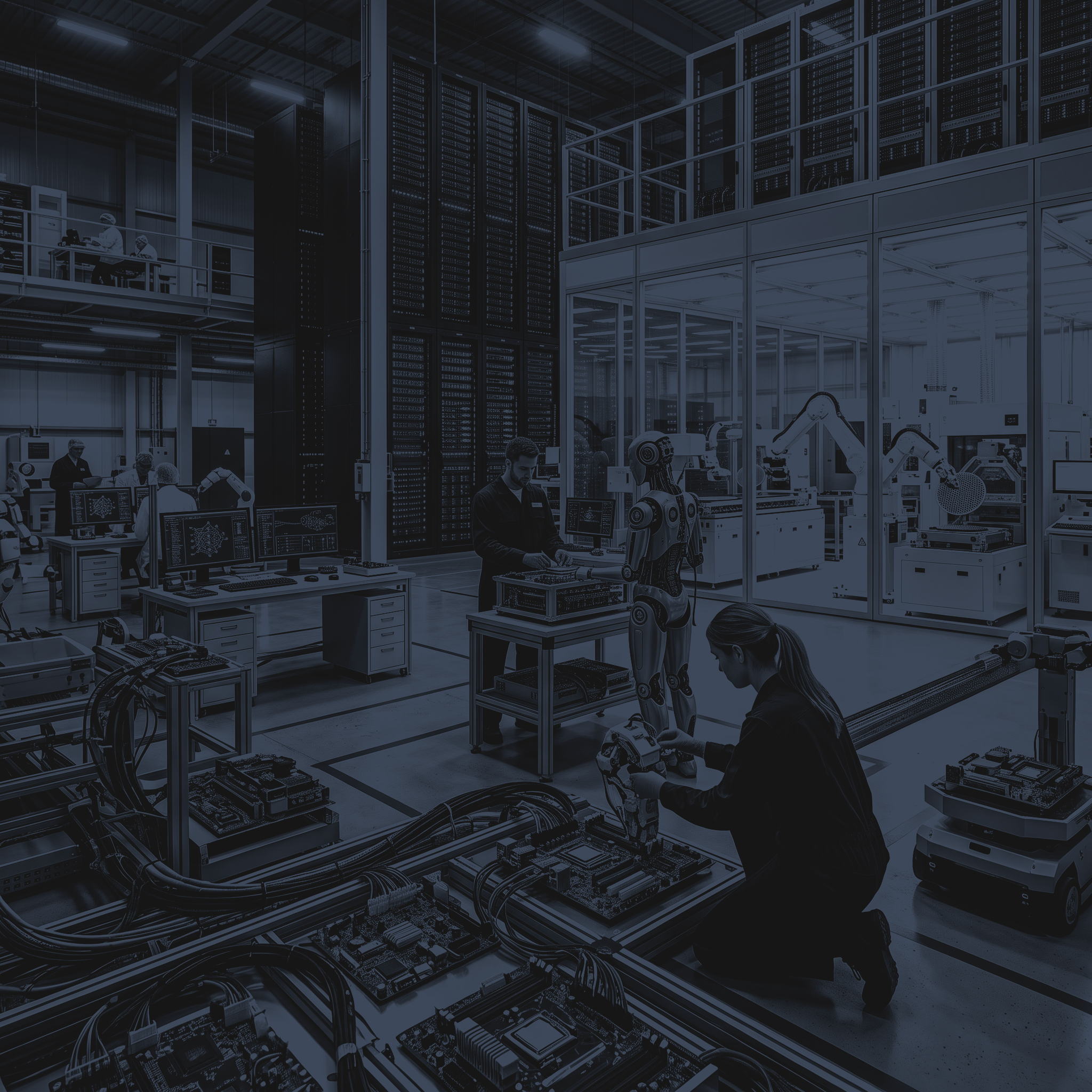Inside a Global Agent Factory production floor — engineers and agents working side by side among server racks and assembly robots